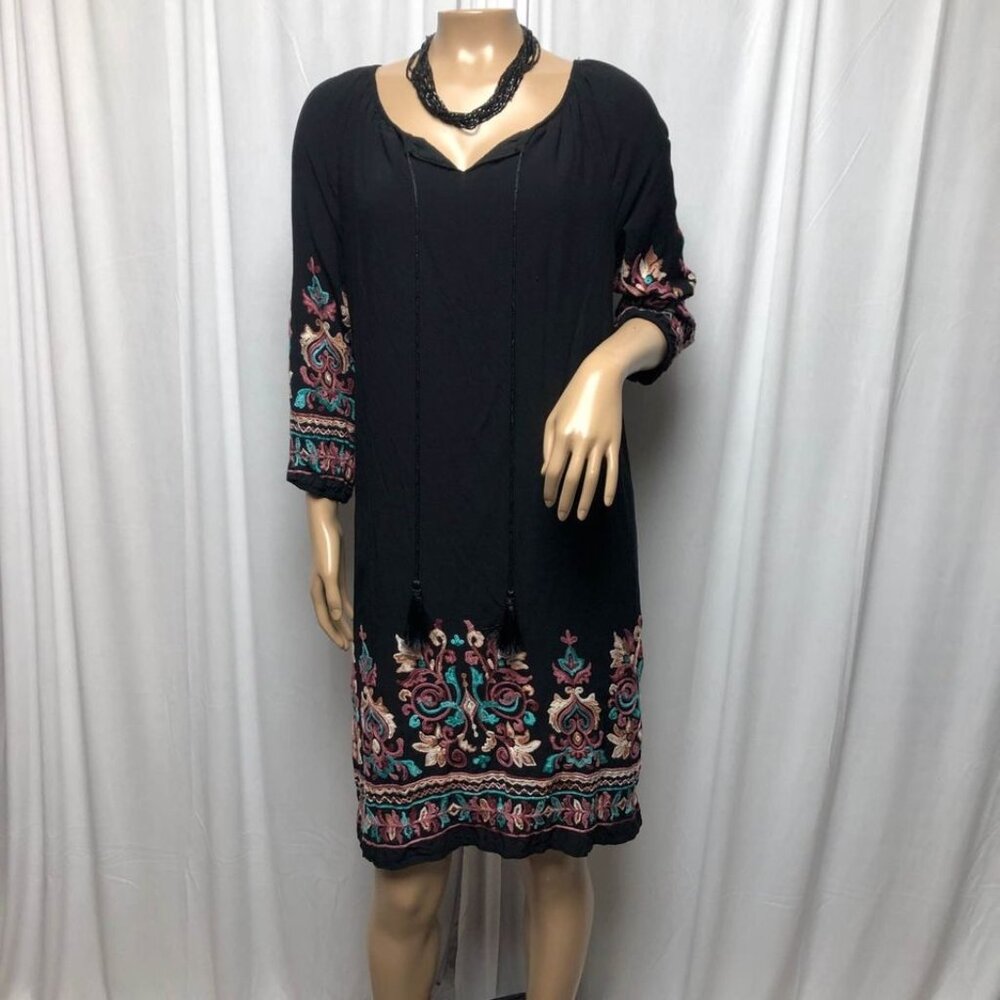 Kaktus Dress Womens Size Small Black Embroidered Tassels Lightweight Lined Boho